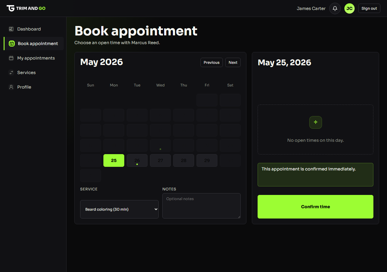 TrimAndGo booking screen screenshot