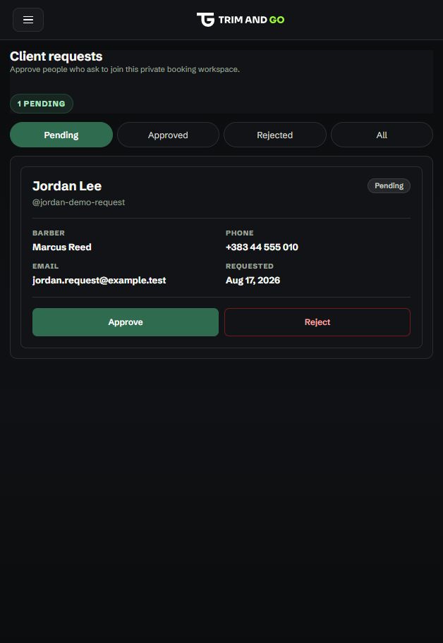 Current TrimAndGo mobile client-request screen with approve and reject controls