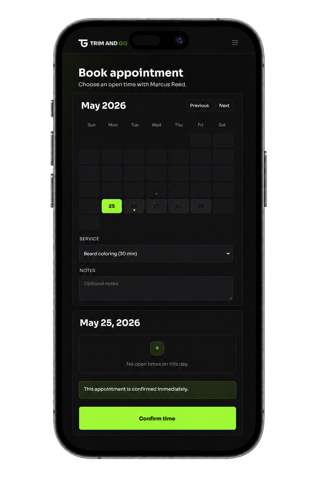 TrimAndGo booking app open on an iPhone